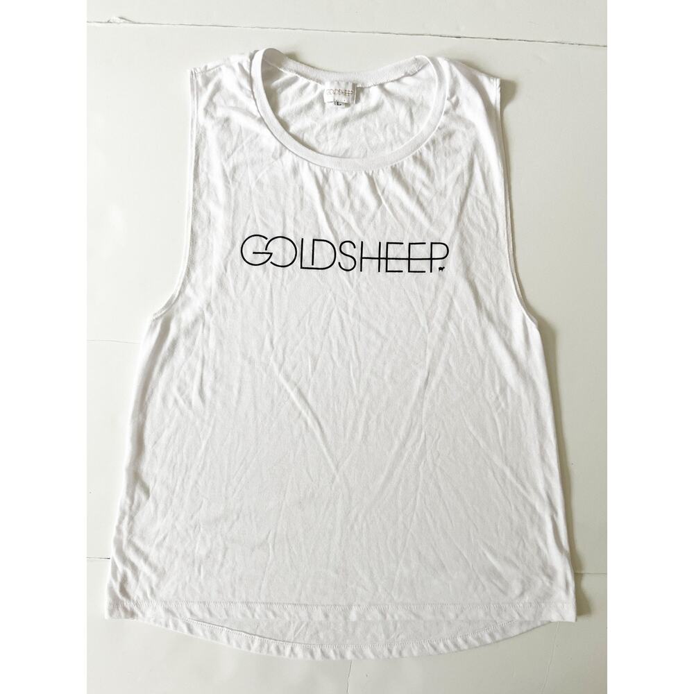 Goldsheep Tank Top Womens L White Scoop Neck Logo Sleeveless Yoga Gym Workout